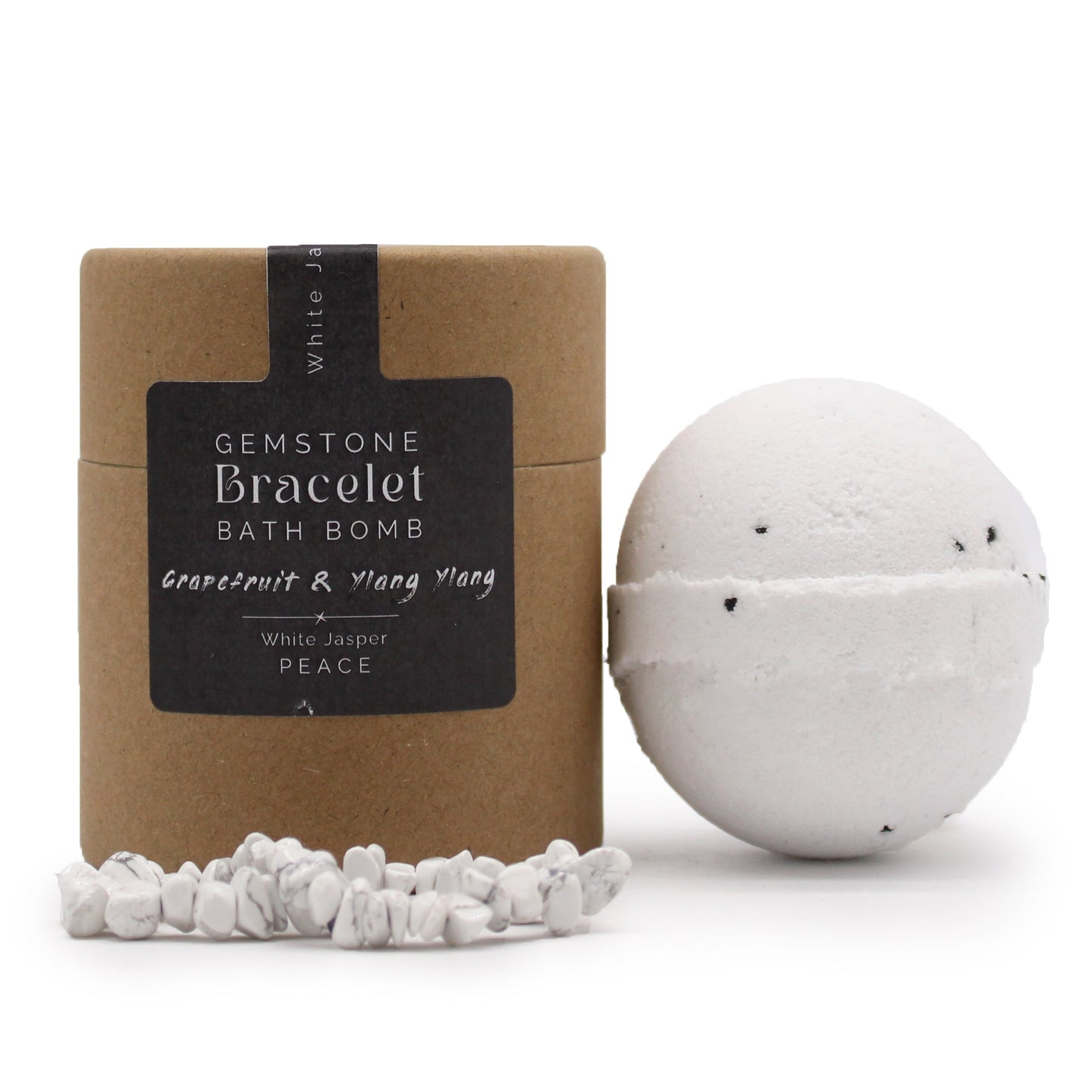 Bracelet Bath Bomb - Grapefruit & Ylang Ylang - White Jasper, labelled brown package beside a white sphere and chip bracelet by Quintessential Holistic Health Ltd