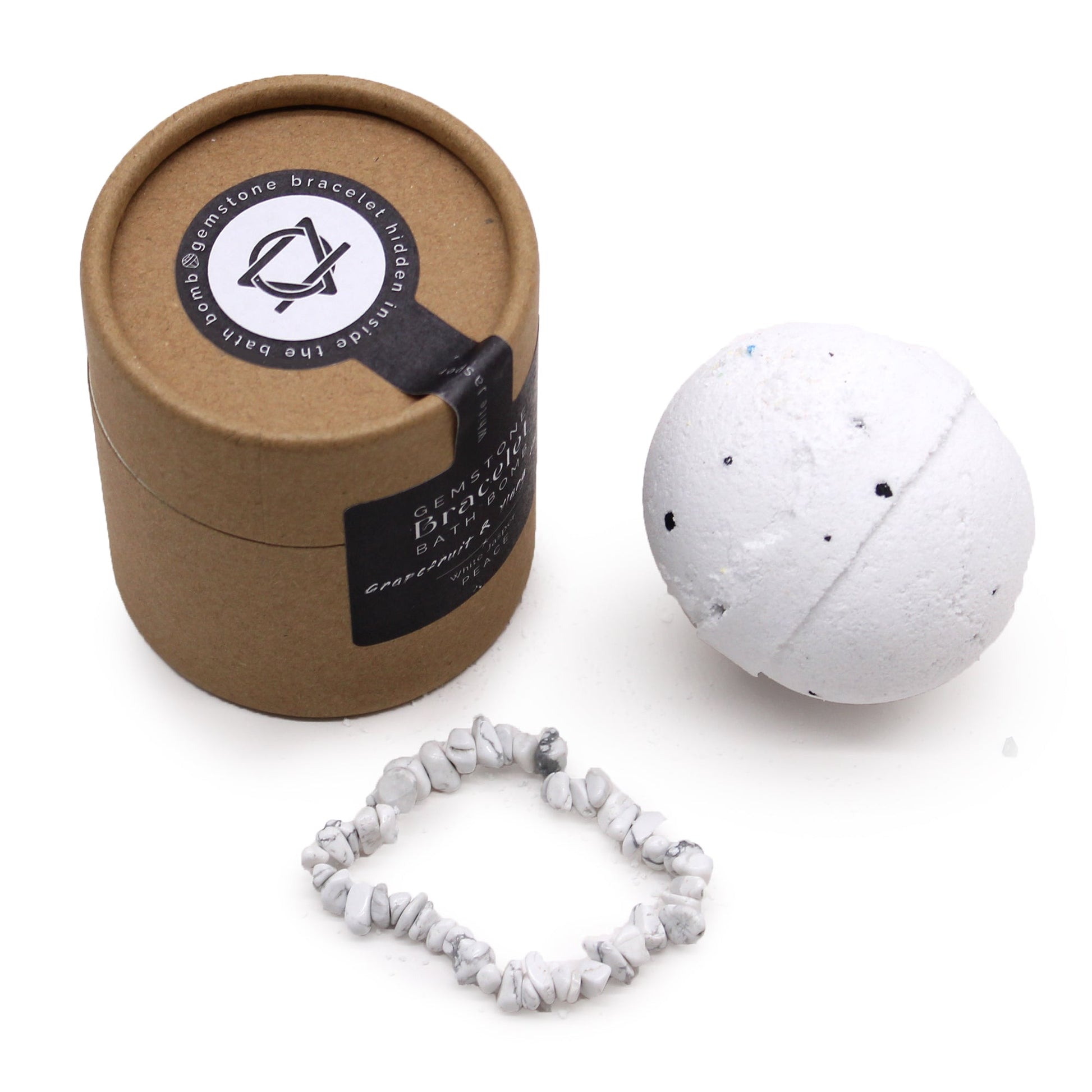 Bracelet Bath Bomb - Grapefruit & Ylang Ylang - White Jasper, white sphere and white chip bracelet beside a brown cylindrical package by Quintessential Holistic Health Ltd