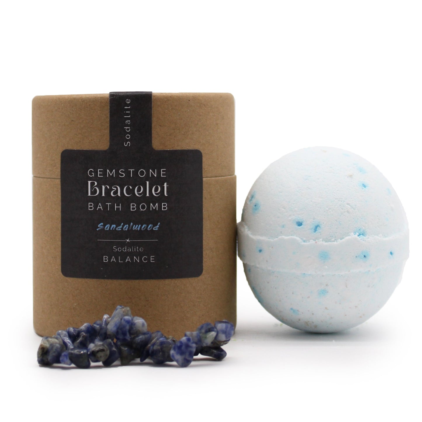 Handcrafted Gemstone Bracelet Bath Bomb - Sandalwood / Sodalite product packaging on clean background from Quintessential Holistic Health Ltd