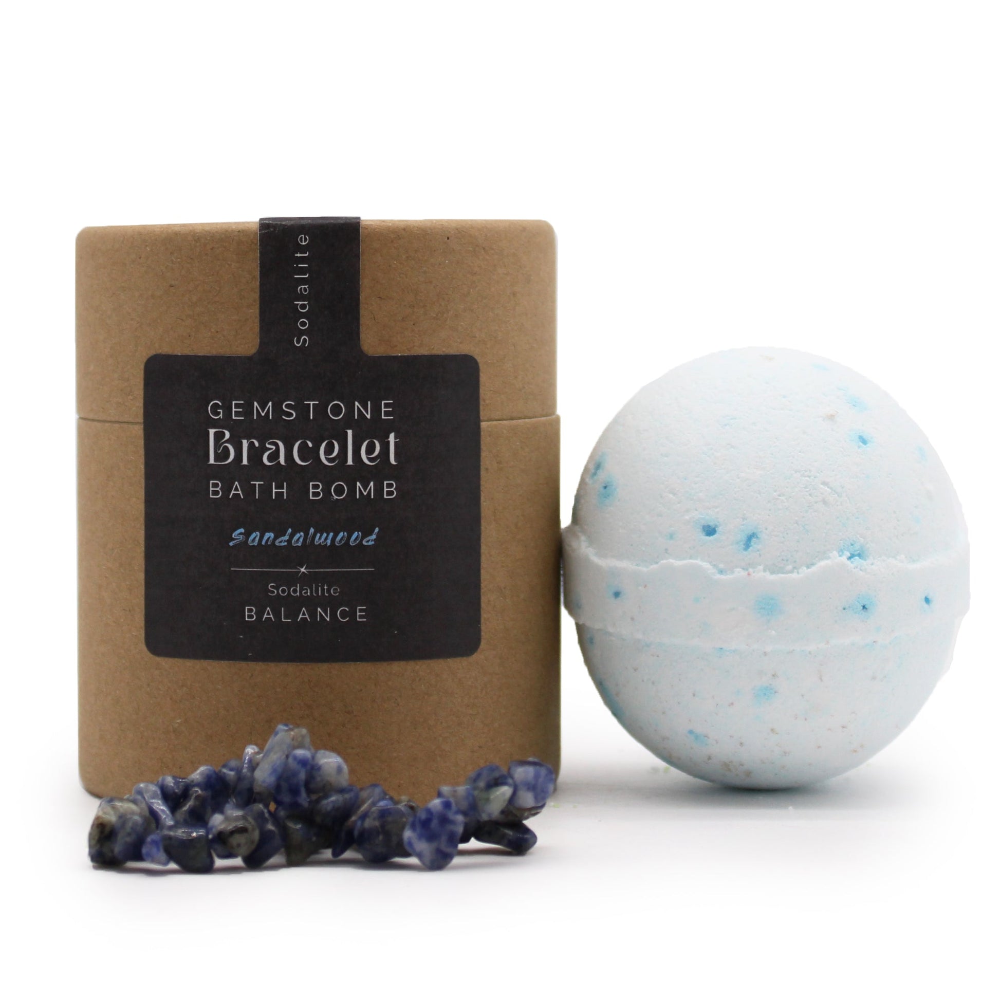 Handcrafted Gemstone Bracelet Bath Bomb - Sandalwood / Sodalite product packaging on clean background from Quintessential Holistic Health Ltd
