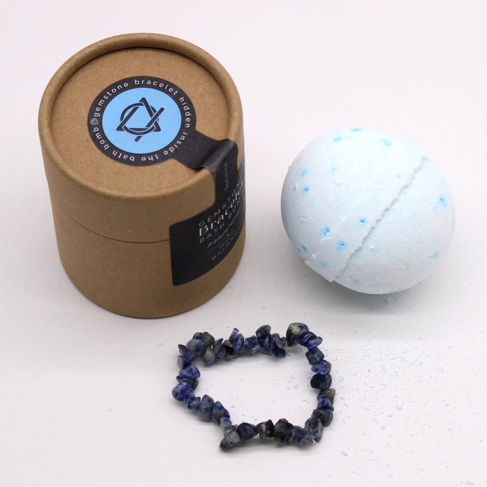 Handcrafted Gemstone Bracelet Bath Bomb - Sandalwood / Sodalite product packaging on clean background from Quintessential Holistic Health Ltd