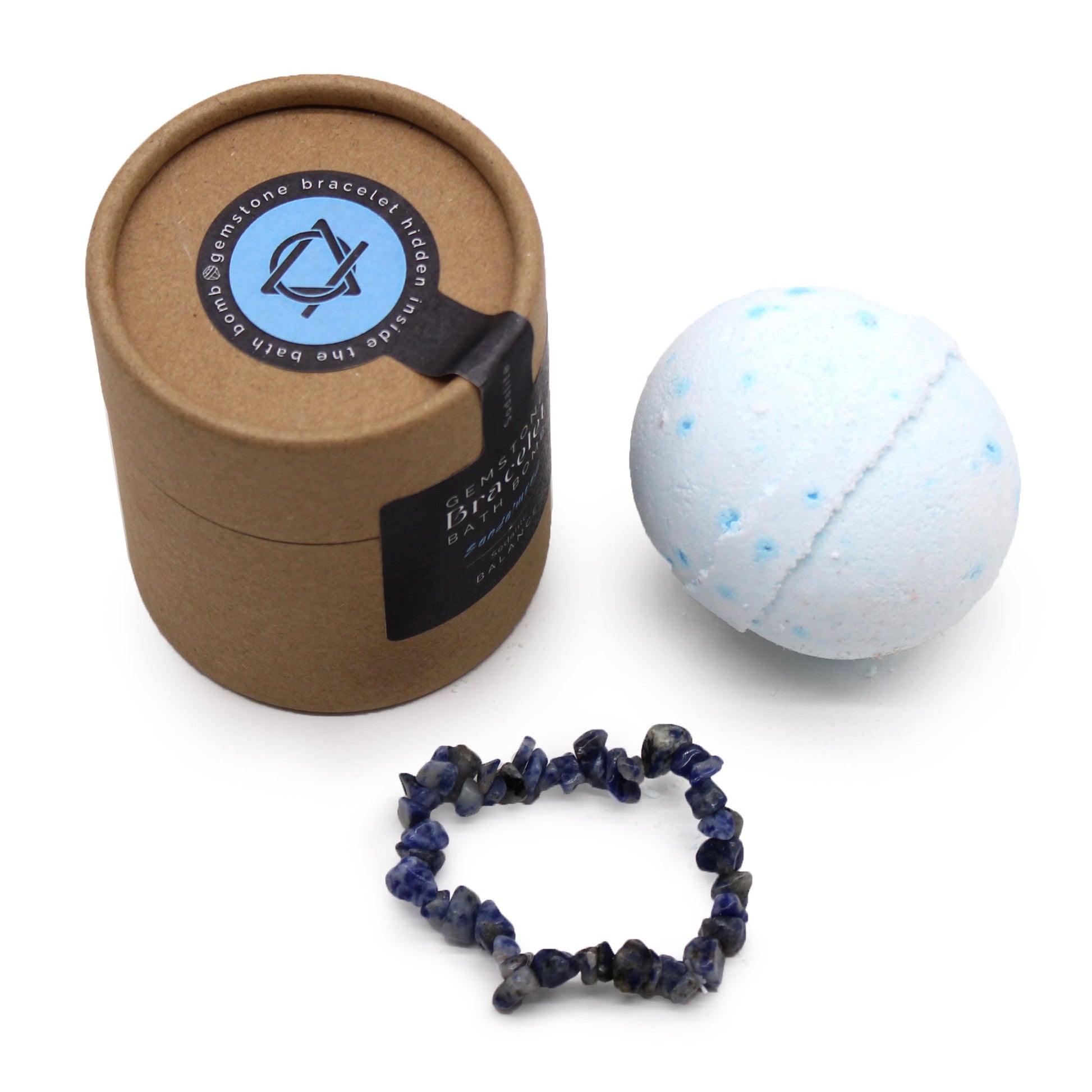 Handcrafted Gemstone Bracelet Bath Bomb - Sandalwood / Sodalite product packaging on clean background from Quintessential Holistic Health Ltd