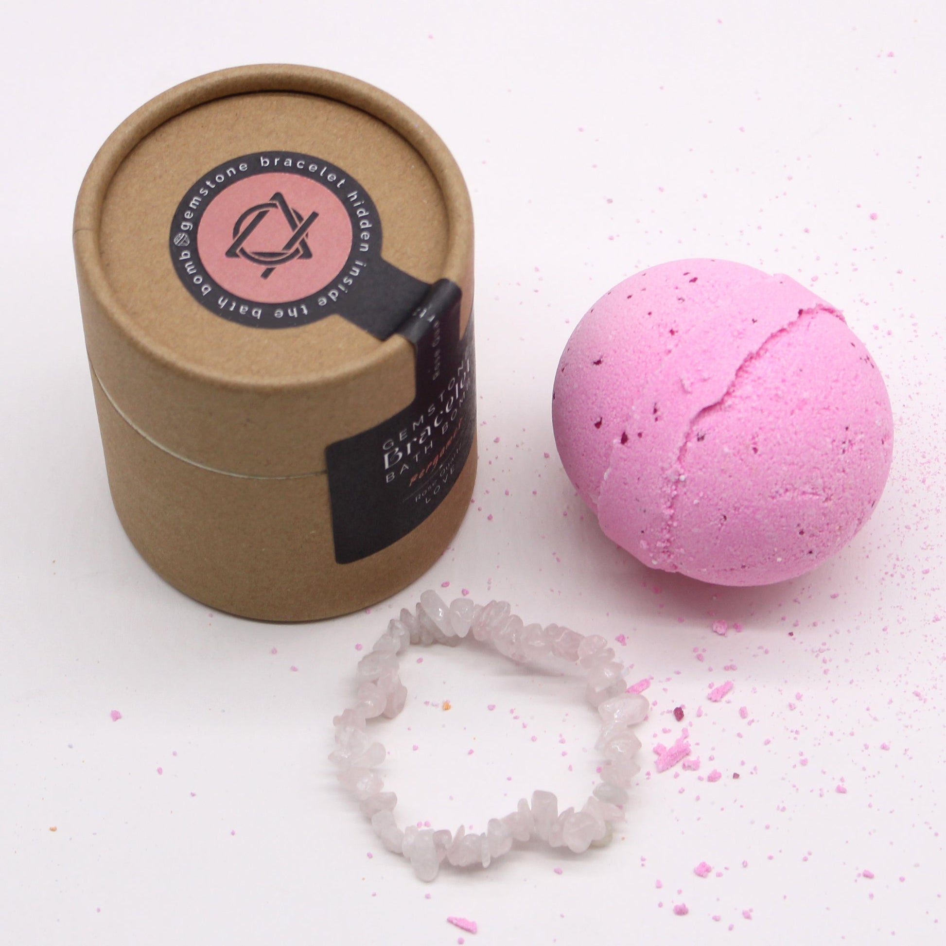 Handcrafted Gemstone Bracelet Bath Bomb - Bergamot / Rose Quartz product packaging on clean background from Quintessential Holistic Health Ltd