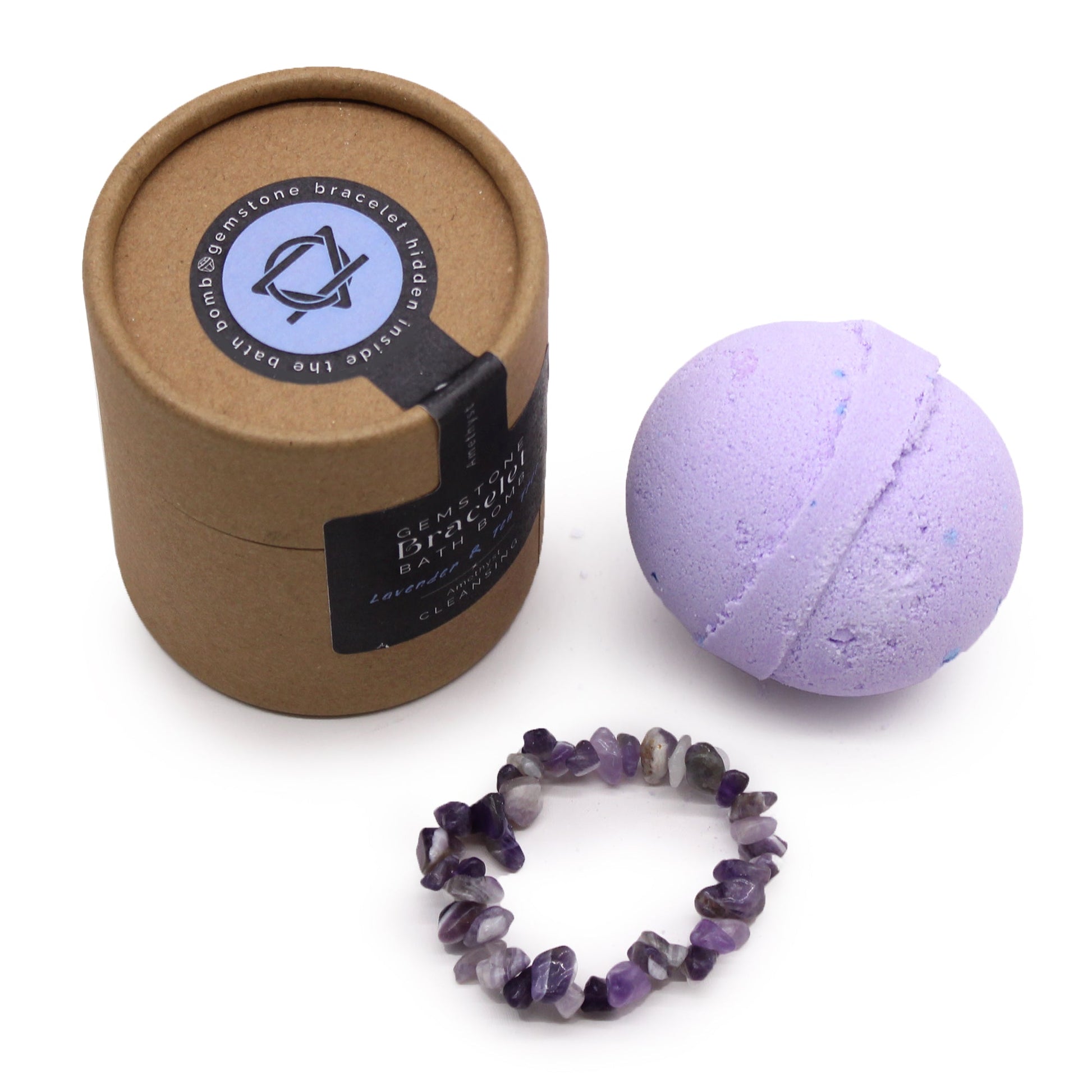 Handcrafted Gemstone Bracelet Bath Bomb - Lavender and Tea Tree / Amethyst product packaging on clean background from Quintessential Holistic Health Ltd