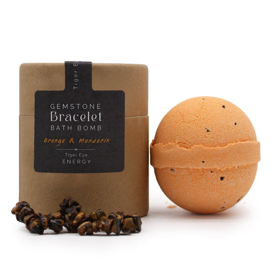 Orange and Mandarin Tigers Eye, showing labelled brown packaging, an orange sphere and stone-chip bracelet from Quintessential Holistic Health.