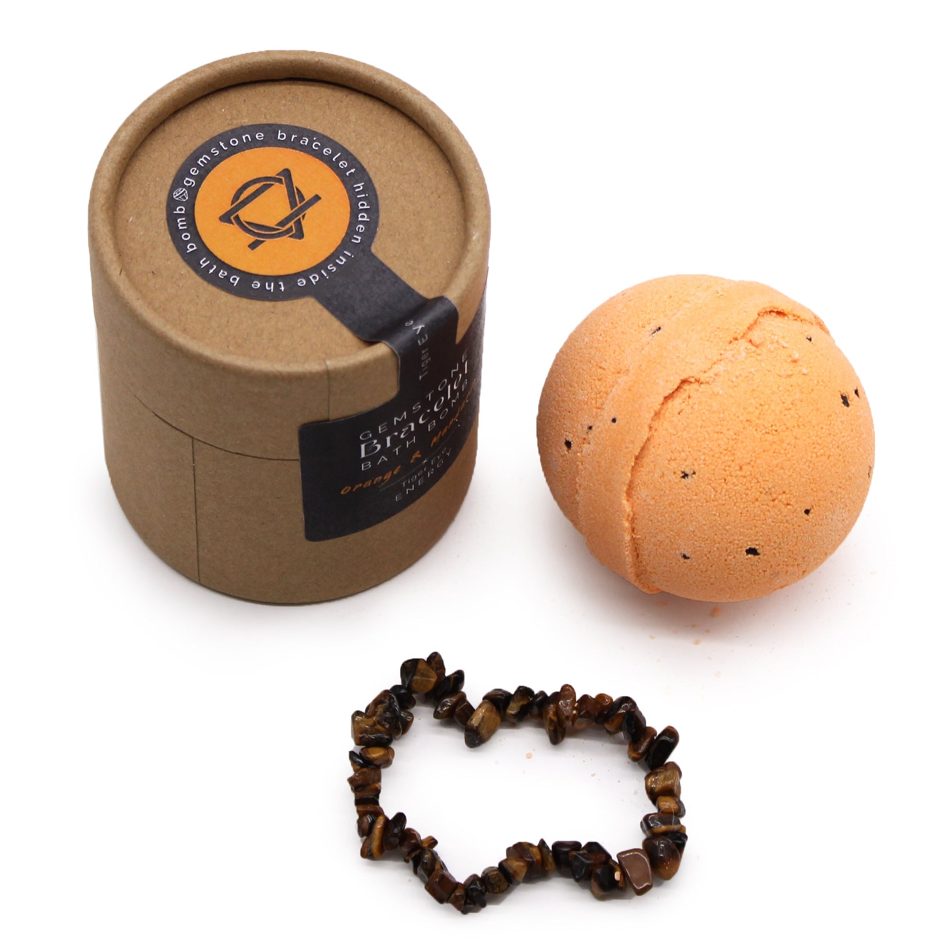 Handcrafted Gemstone Bracelet Bath Bomb - Orange and Mandarin / Tigers Eye product packaging on clean background from Quintessential Holistic Health Ltd