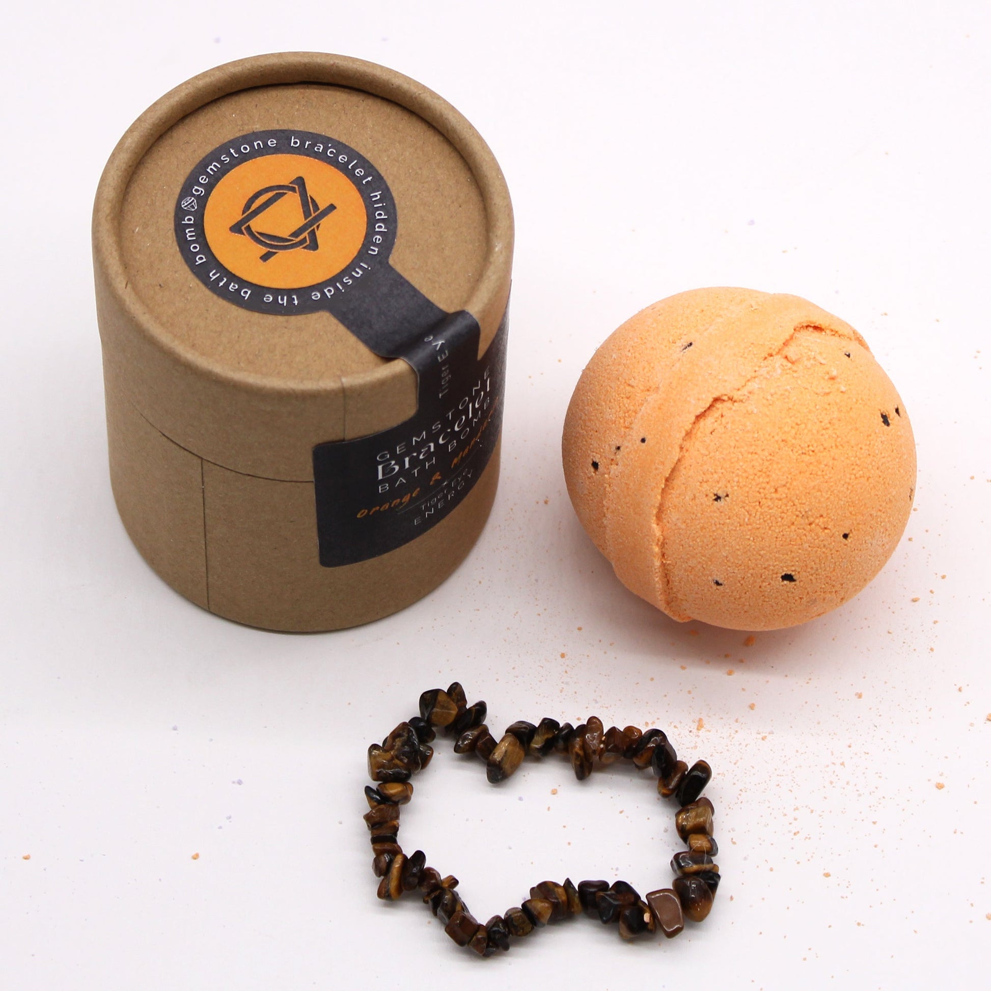 Handcrafted Gemstone Bracelet Bath Bomb - Orange and Mandarin / Tigers Eye product packaging on clean background from Quintessential Holistic Health Ltd