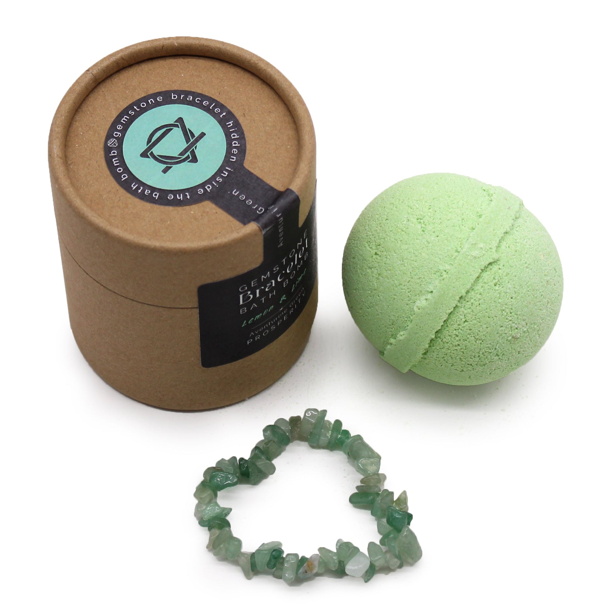 Handcrafted Gemstone Bracelet Bath Bomb - Lemon and Lime / Green Aventurine product packaging on clean background from Quintessential Holistic Health Ltd