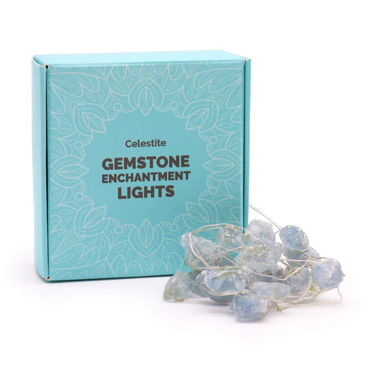Gemstone Indoor Enchantment Lights - Celestite product packaging on clean background from Quintessential Holistic Health Ltd