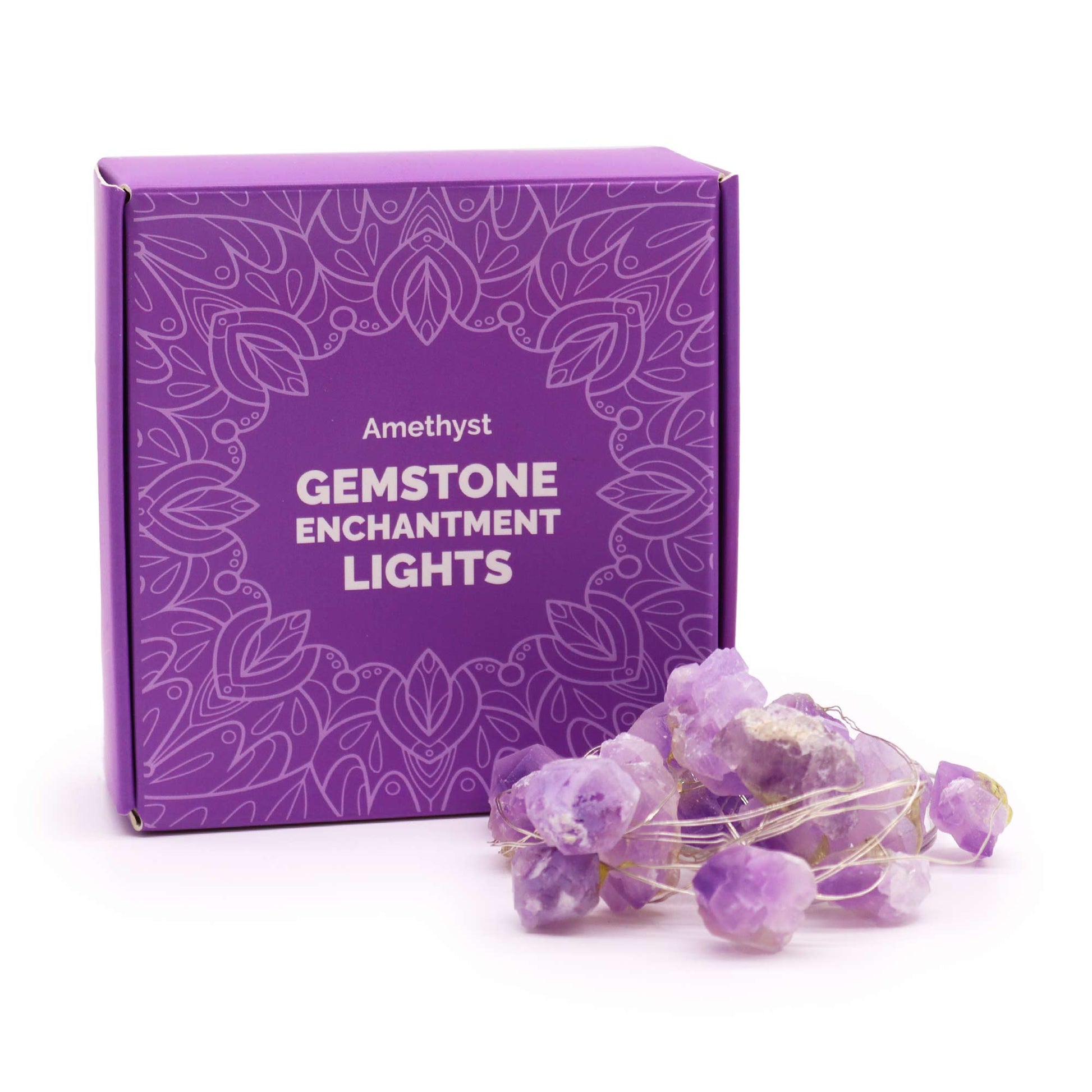 Gemstone Indoor Enchantment Lights - Amethyst product packaging on clean background from Quintessential Holistic Health Ltd