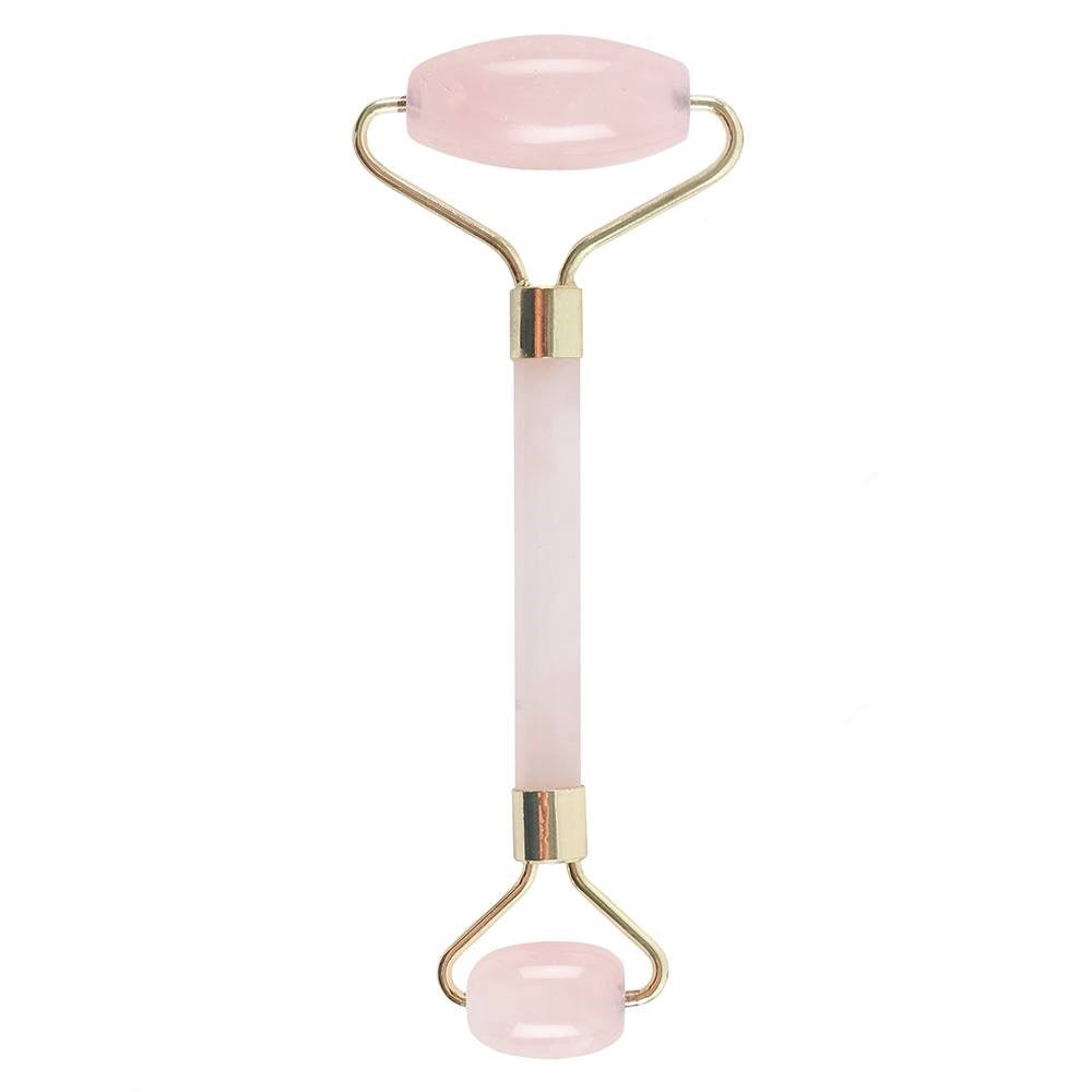 Gemstone Face Roller - Rose Quartz with pale pink roller stones and gold-tone frame by Quintessential Holistic Health Ltd
