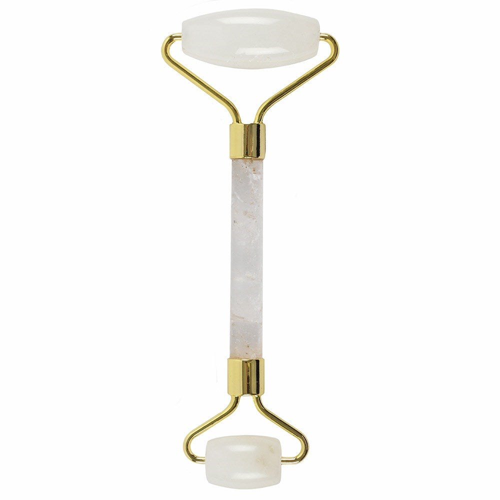 Gemstone Face Roller - Rock Quartz, translucent white double-ended roller with gold-coloured fittings by Quintessential Holistic Health Ltd