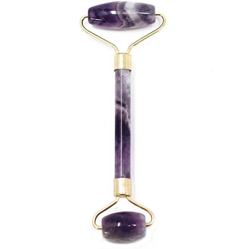 Gemstone Face Roller - Amethyst, purple stone double-ended roller with gold-coloured fittings by Quintessential Holistic Health Ltd
