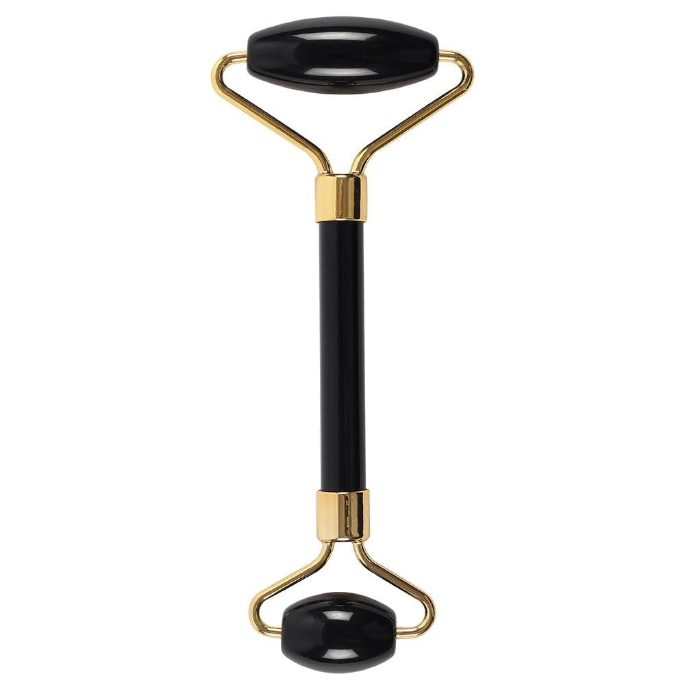 Gemstone Face Roller - Black Obsidian, black double-ended roller with gold-coloured fittings by Quintessential Holistic Health Ltd