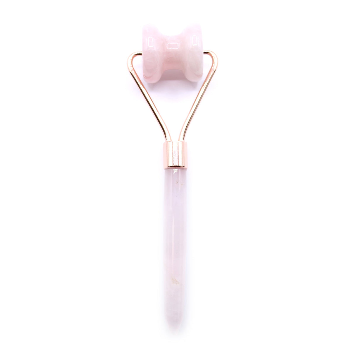 Gemstone Jawline Roller - Rose Quartz with a pale pink double-notched roller and slim tapered pink handle by Quintessential Holistic Health Ltd