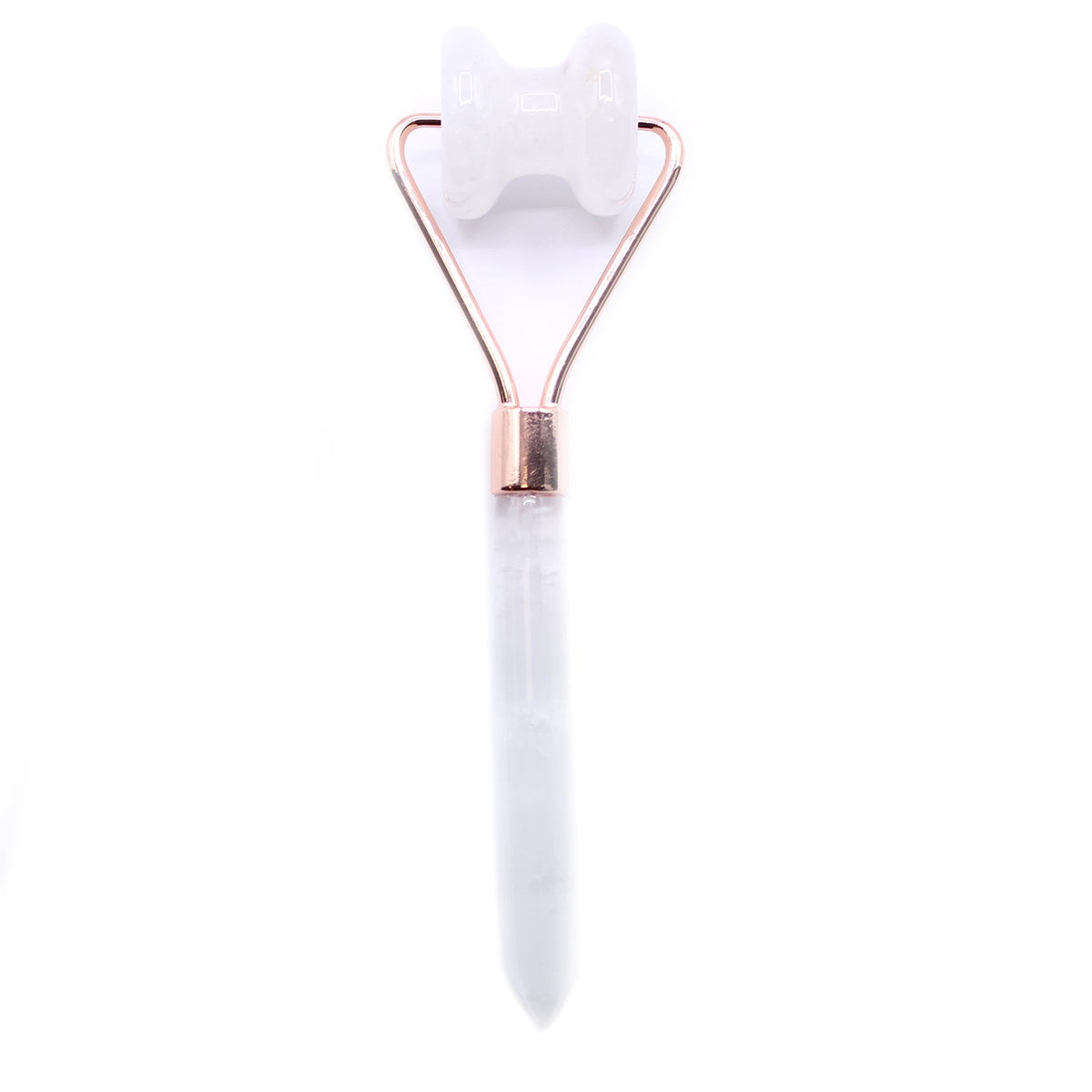 Gemstone Jawline Roller - Rock Quartz with a translucent white double-notched roller and pale pointed handle by Quintessential Holistic Health Ltd