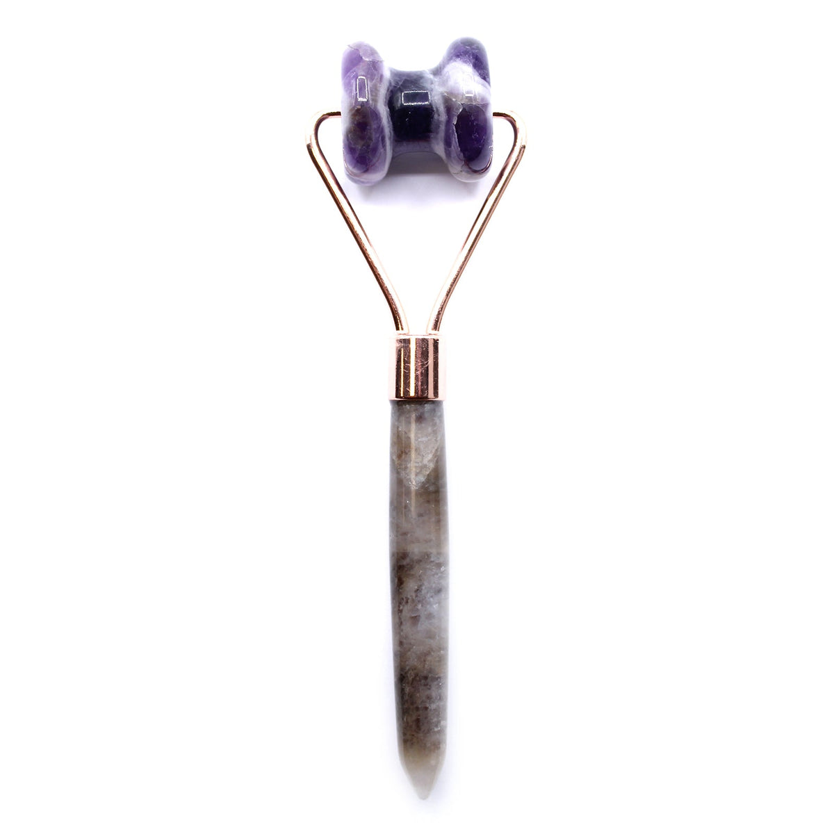 Gemstone Jawline Roller - Amethyst with a purple double-notched roller and mottled pointed handle by Quintessential Holistic Health Ltd