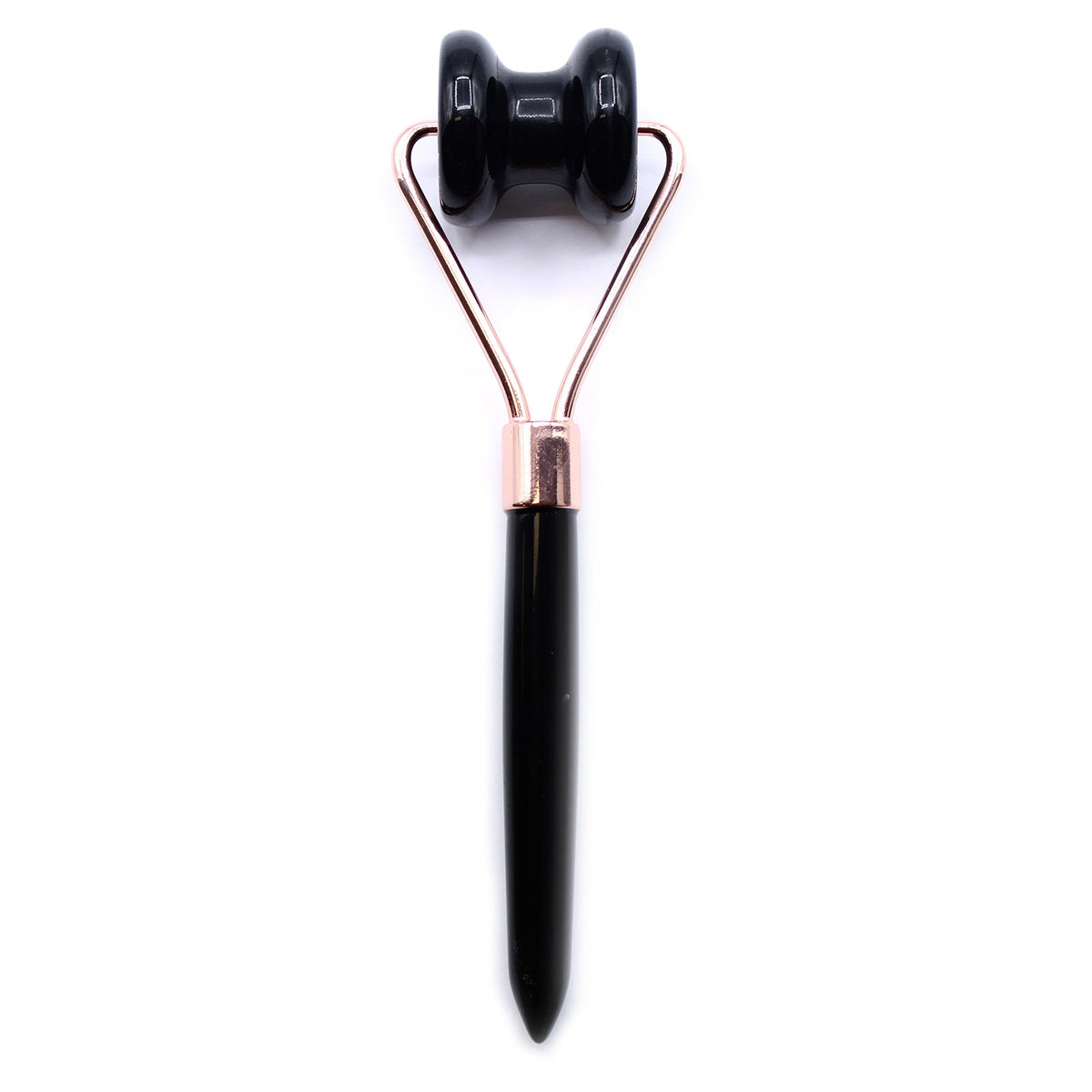 Gemstone Jawline Roller - Black Obsidian with a glossy black double-notched roller and pointed black handle by Quintessential Holistic Health Ltd