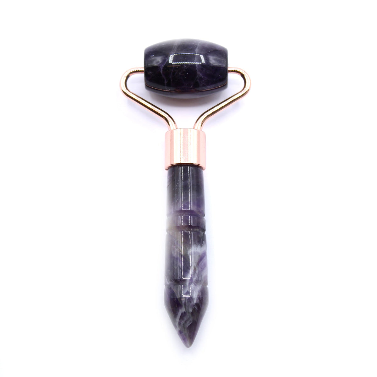 Gemstone Mini Face Roller - Amethyst with a dark purple roller, rose-coloured frame and mottled pointed handle by Quintessential Holistic Health Ltd