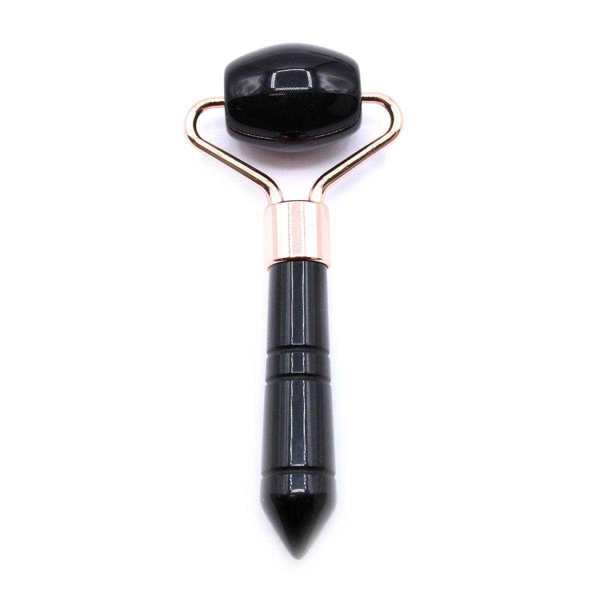 Gemstone Mini Face Roller - Black Obsidian with a glossy black roller, rose-coloured frame and faceted pointed handle by Quintessential Holistic Health Ltd