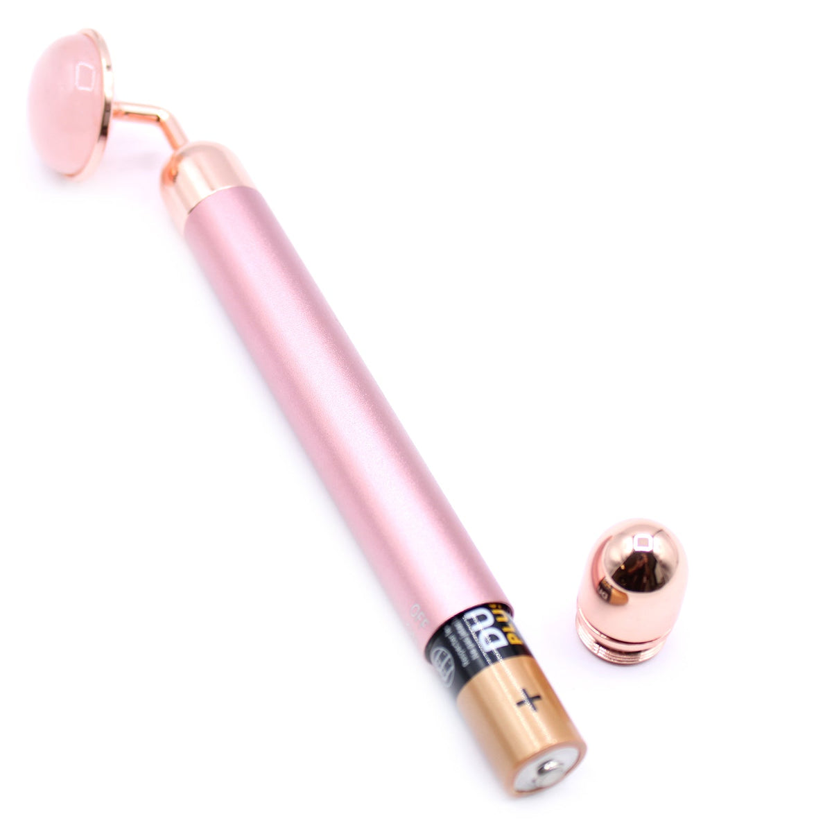 Gemstone Vibration Pad - Rose Quartz, with a pink handle, faceted pink roller and detached rose-gold end cap, by Quintessential Holistic Health Ltd