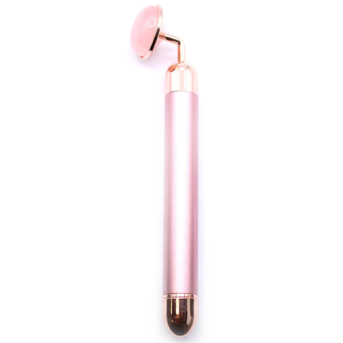 Gemstone Vibration Pad - Rose Quartz, with a pale pink handle, pink stone roller and rose-gold fittings, by Quintessential Holistic Health Ltd