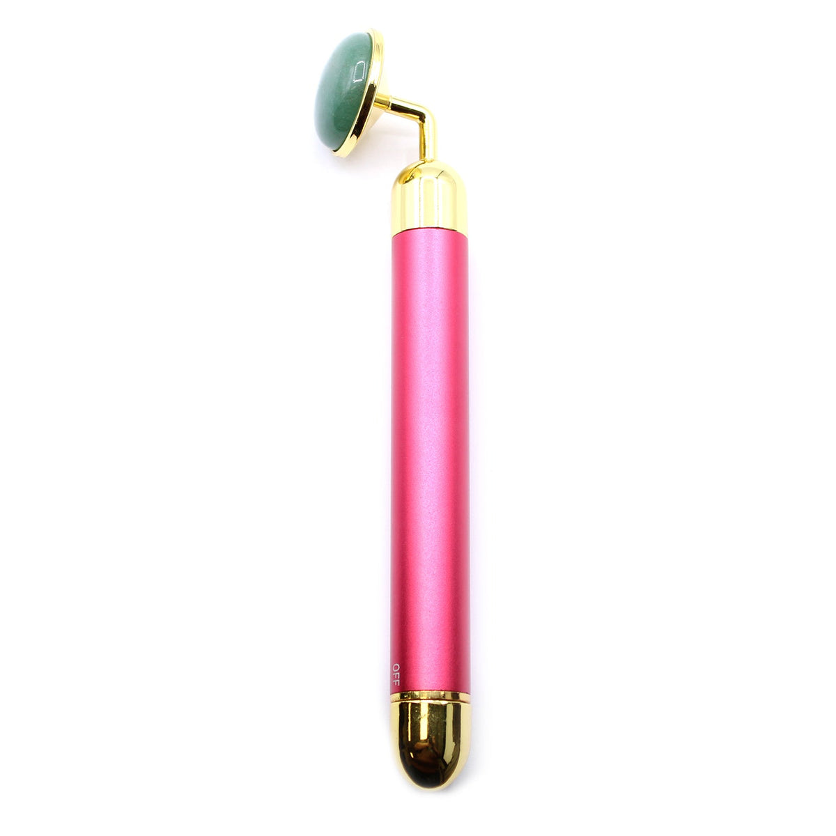 Gemstone Vibration Pad - Jade, with a bright pink handle, gold fittings and green stone roller, by Quintessential Holistic Health Ltd