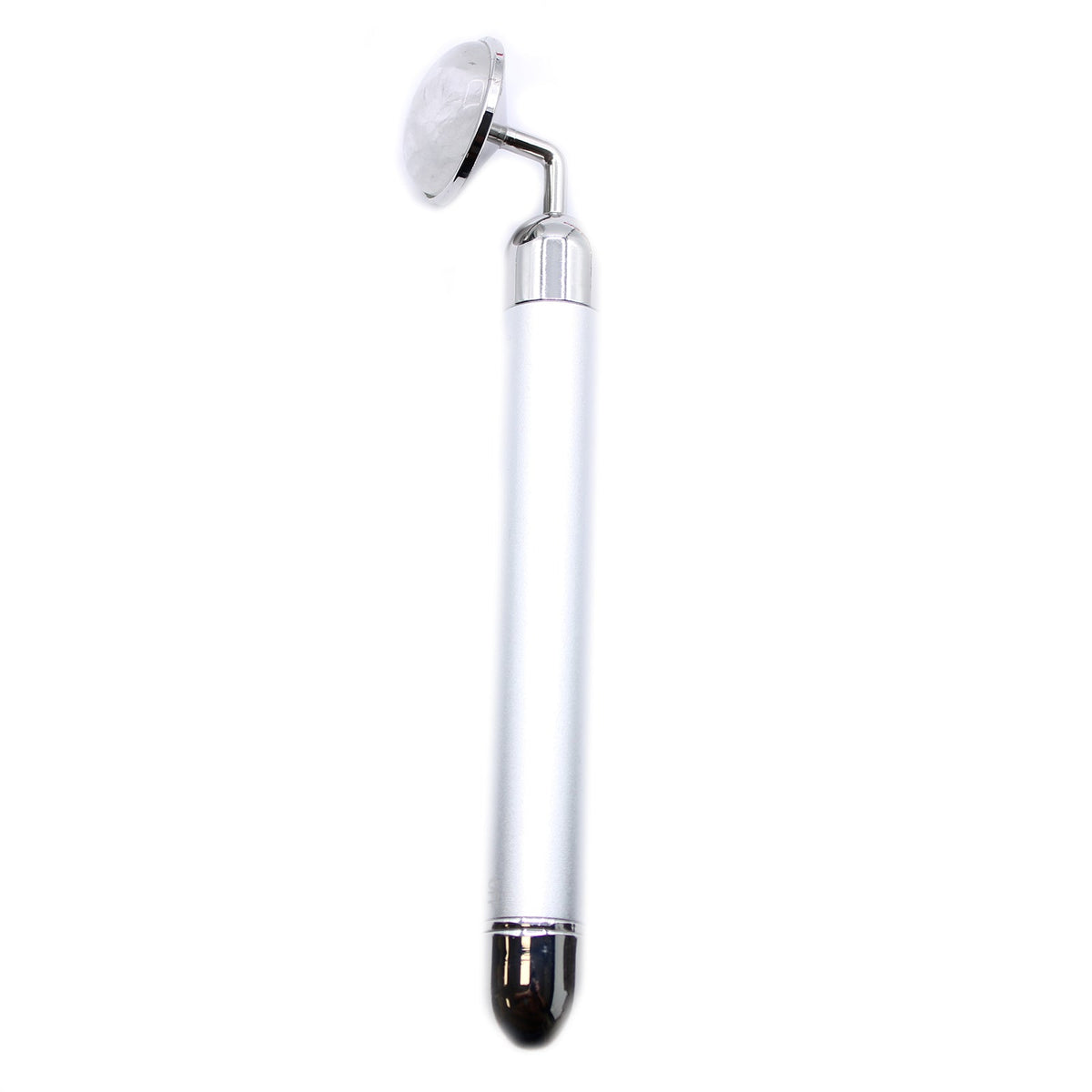 Gemstone Vibration Pad - Rock Quartz, with a white handle, clear stone roller and dark rounded end, by Quintessential Holistic Health Ltd