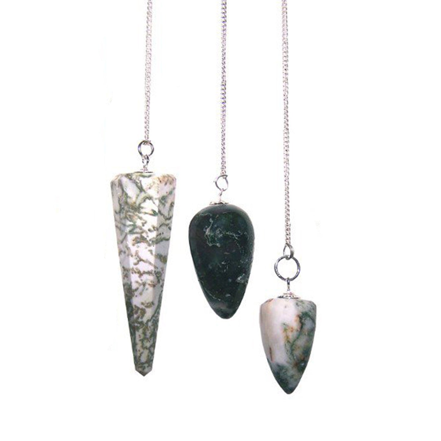 1 x Random Handmade Magic Radiesthesia Pendulum - Tree Agate Gemstone product packaging on clean background from Quintessential Holistic Health Ltd