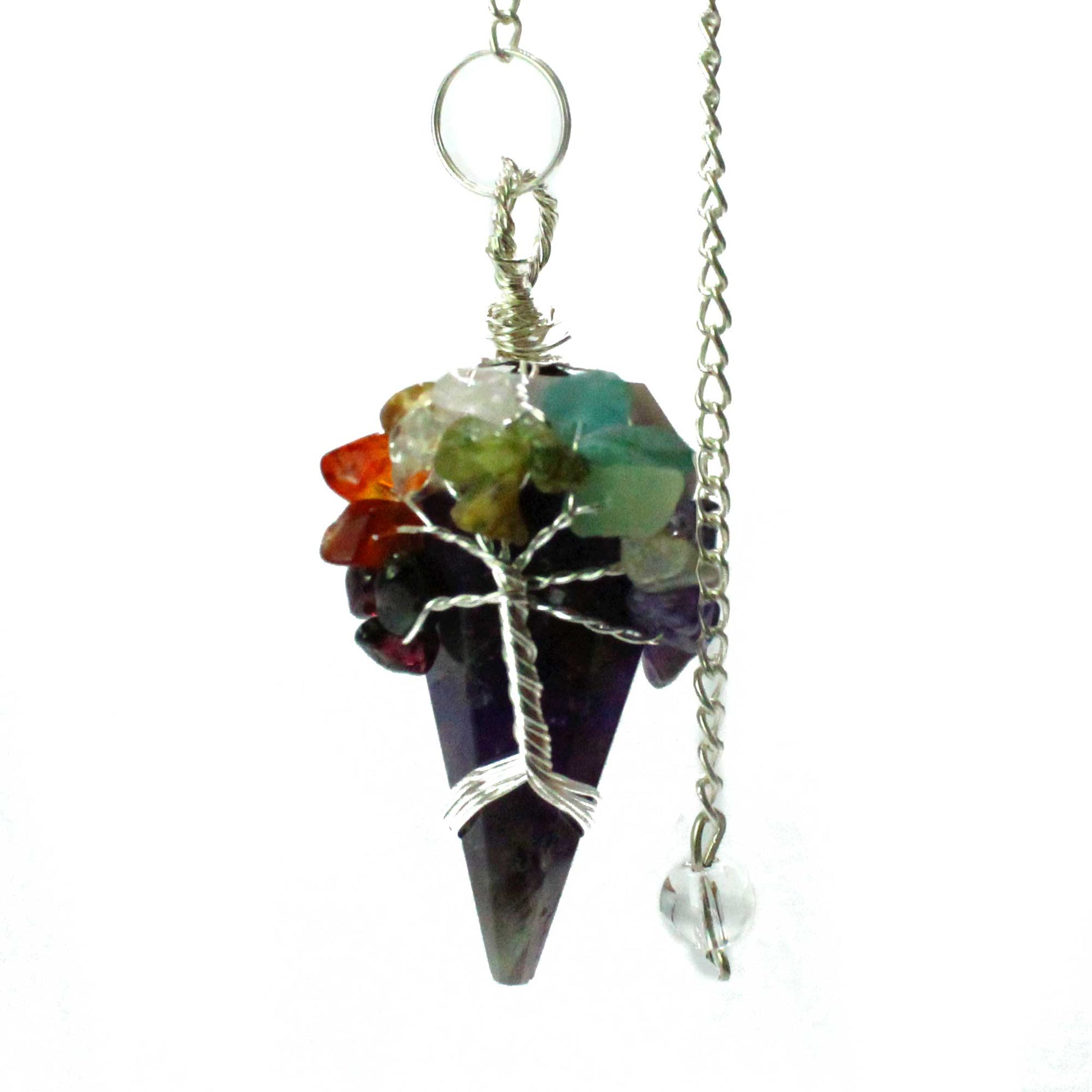 1 x Handmade Magic Radiesthesia Pendulum - Seven Chakra - Amethyst Gemstone product packaging on clean background from Quintessential Holistic Health Ltd