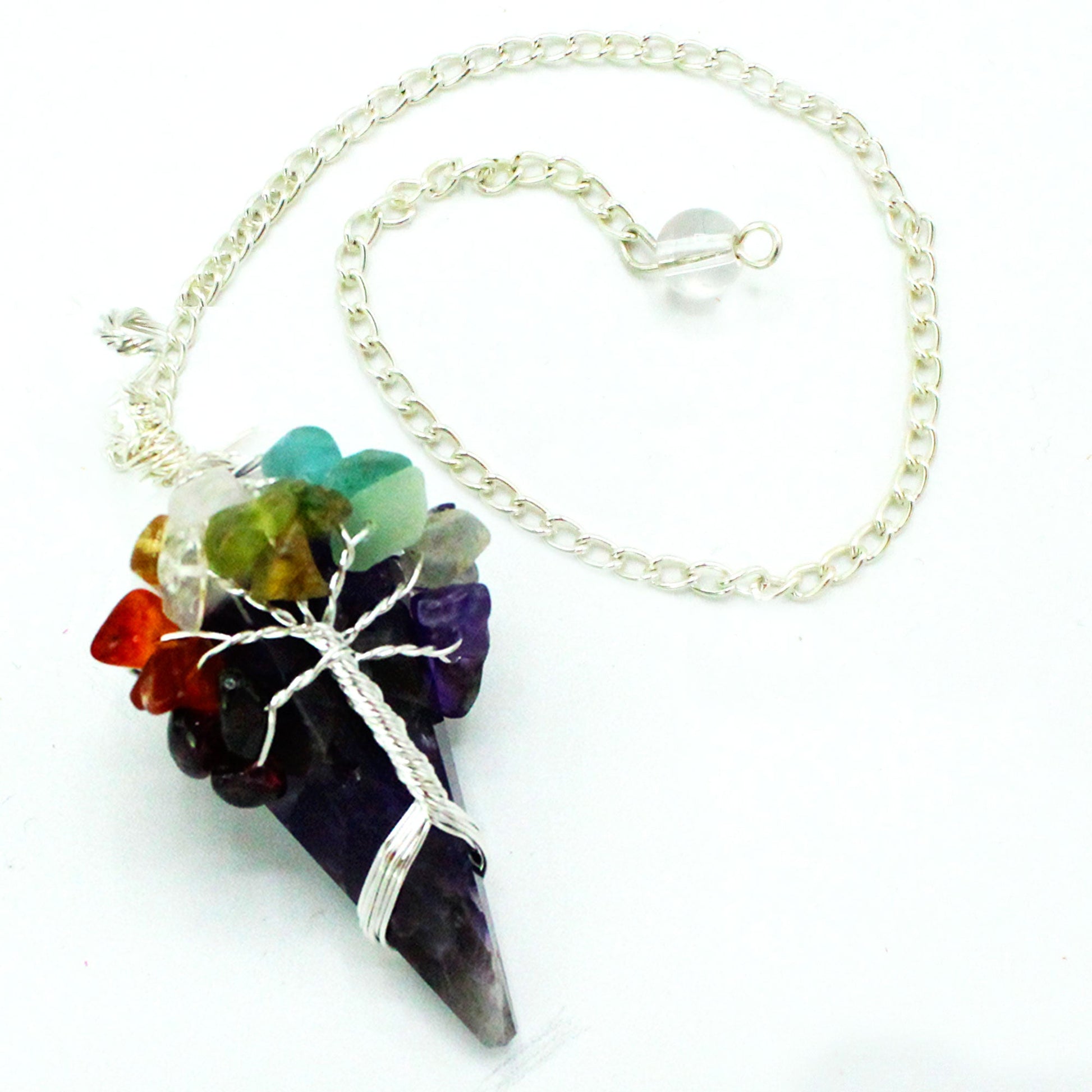 1 x Handmade Magic Radiesthesia Pendulum - Seven Chakra - Amethyst Gemstone product packaging on clean background from Quintessential Holistic Health Ltd