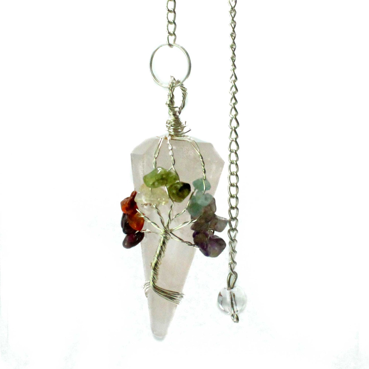 1 x Handmade Magic Radiesthesia Pendulum - Seven Chakra - Rose Quartz Gemstone product packaging on clean background from Quintessential Holistic Health Ltd