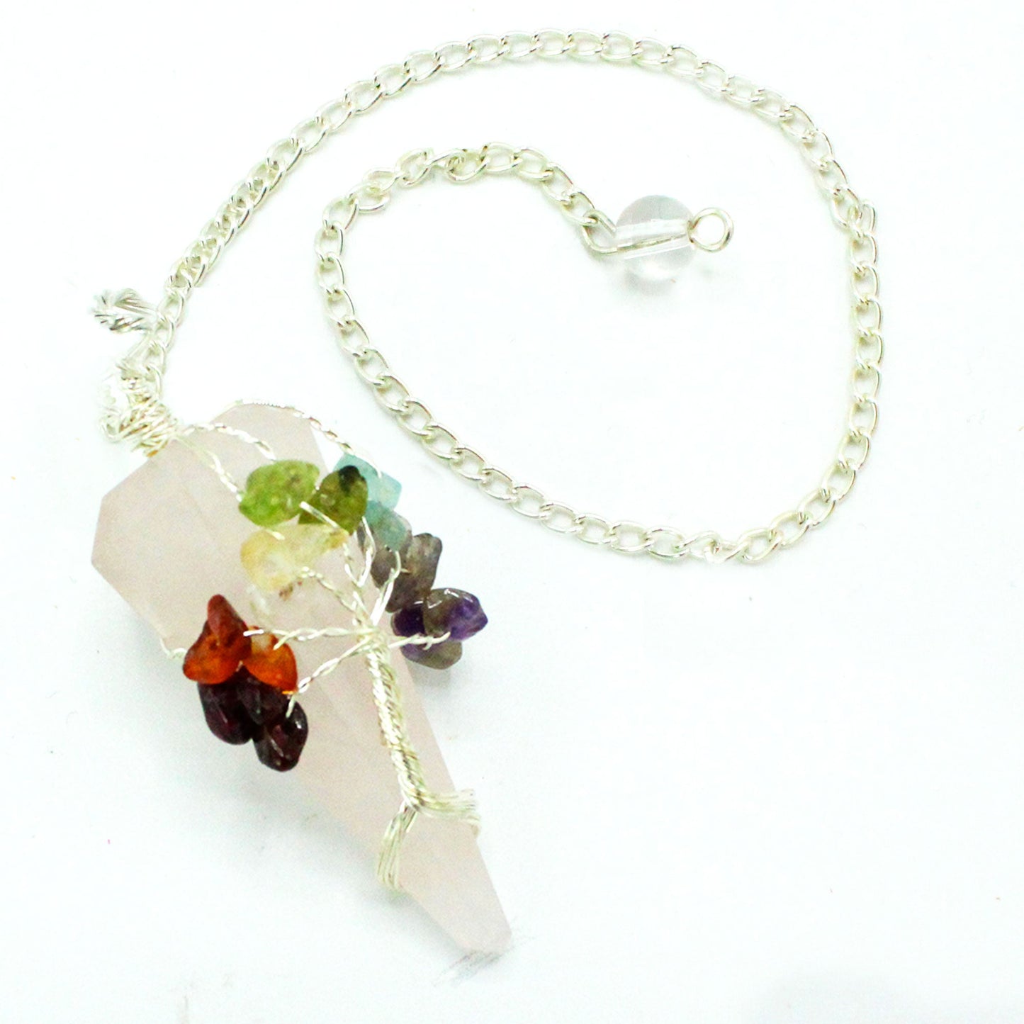 1 x Handmade Magic Radiesthesia Pendulum - Seven Chakra - Rose Quartz Gemstone product packaging on clean background from Quintessential Holistic Health Ltd
