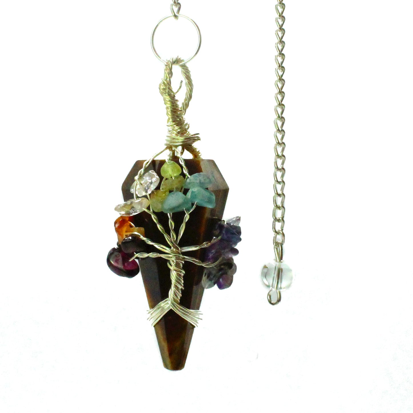 1 x Handmade Magic Radiesthesia Pendulum - Seven Chakra / Tigers Eye Gemstone product packaging on clean background from Quintessential Holistic Health Ltd