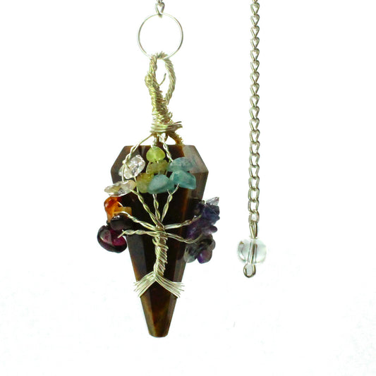 1 x Handmade Magic Radiesthesia Pendulum - Seven Chakra / Tigers Eye Gemstone product packaging on clean background from Quintessential Holistic Health Ltd