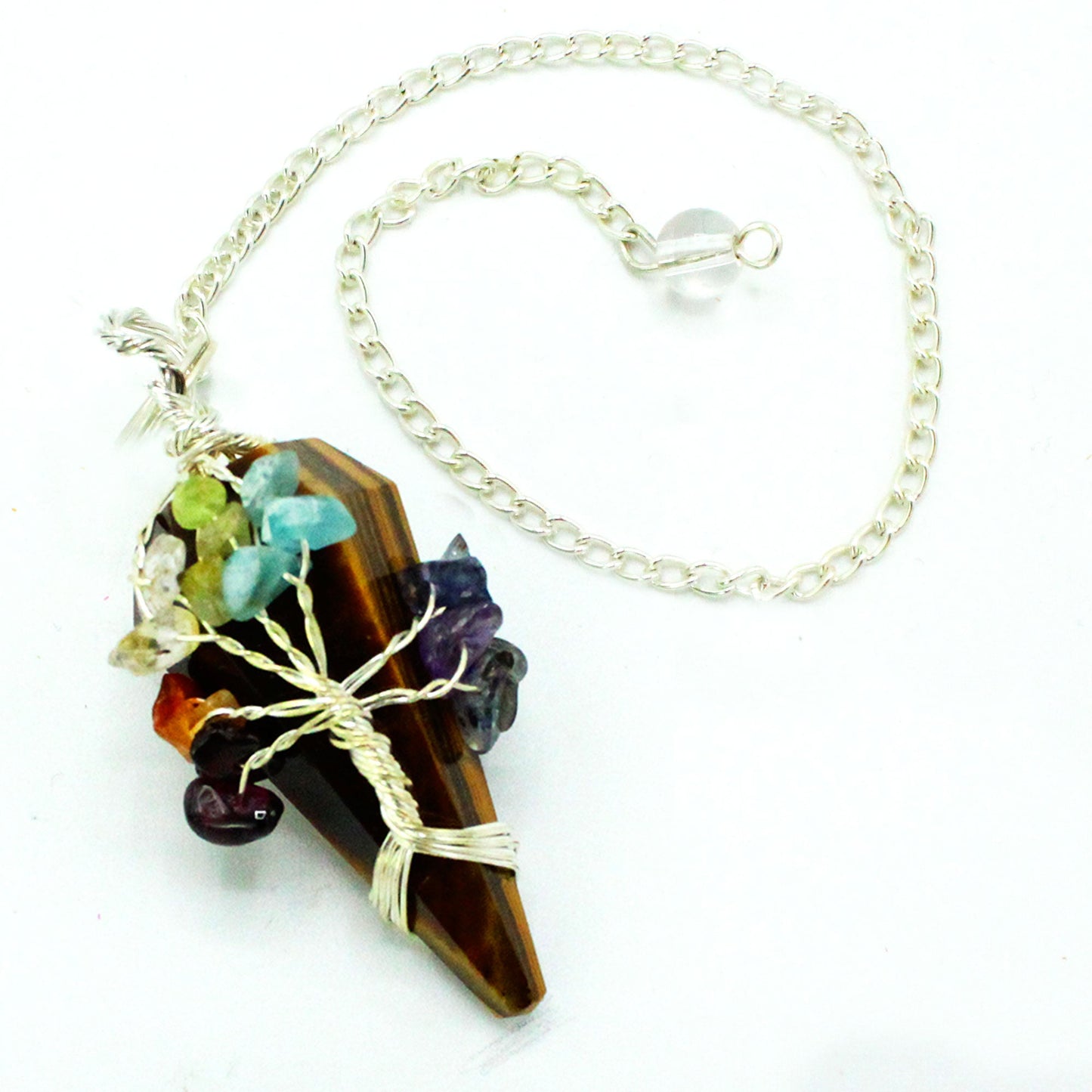 1 x Handmade Magic Radiesthesia Pendulum - Seven Chakra / Tigers Eye Gemstone product packaging on clean background from Quintessential Holistic Health Ltd