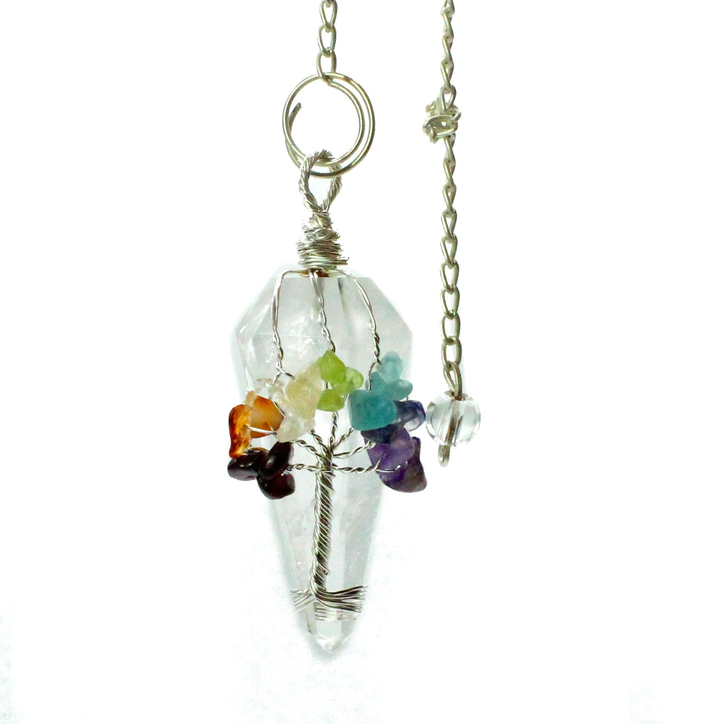 1 x Handmade Magic Radiesthesia Pendulum - Seven Chakra / Rock Quartz Gemstone product packaging on clean background from Quintessential Holistic Health Ltd