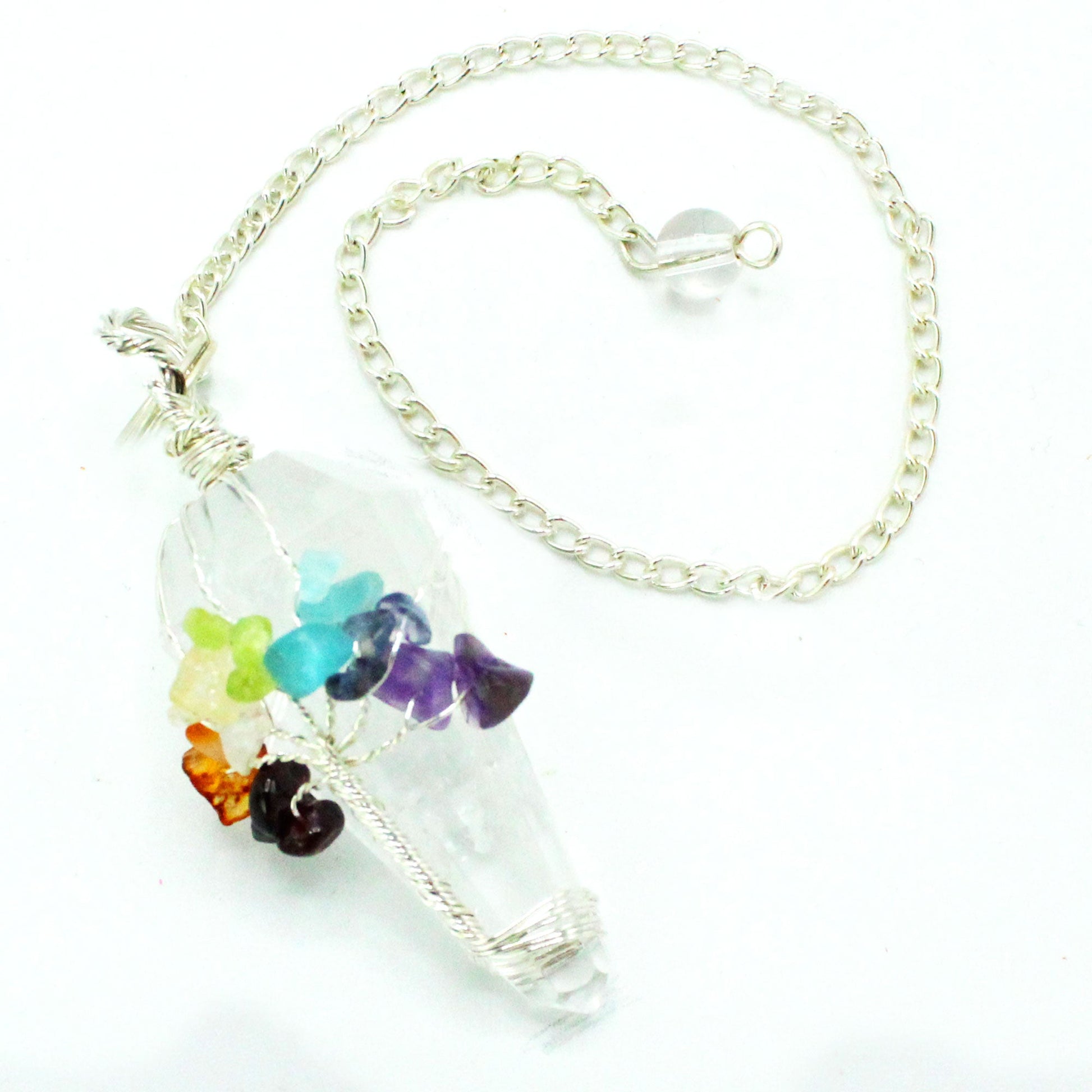 1 x Handmade Magic Radiesthesia Pendulum - Seven Chakra / Rock Quartz Gemstone product packaging on clean background from Quintessential Holistic Health Ltd