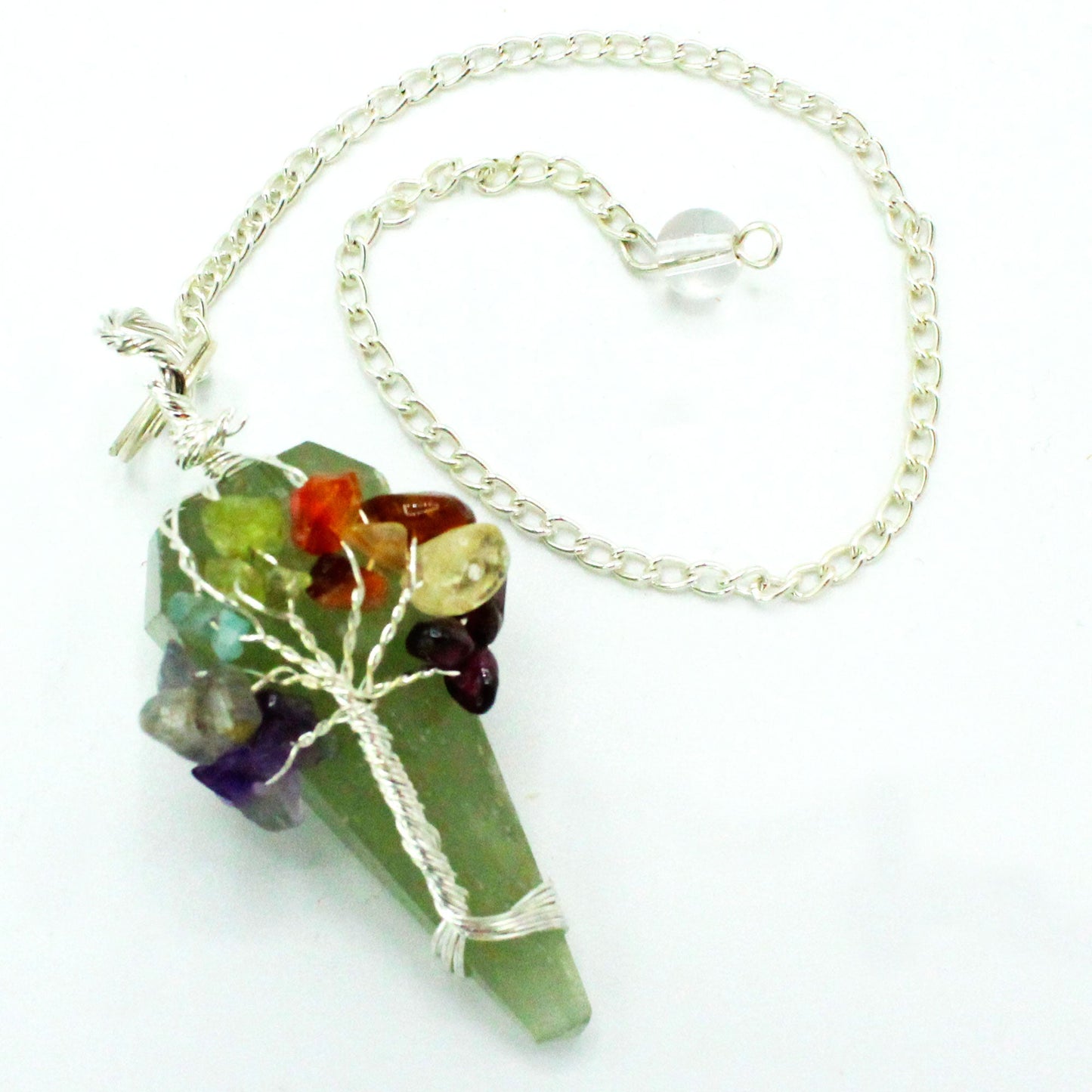 1 x Handmade Magic Radiesthesia Pendulum Seven Chakra - Green Aventurine Gemstone product packaging on clean background from Quintessential Holistic Health Ltd