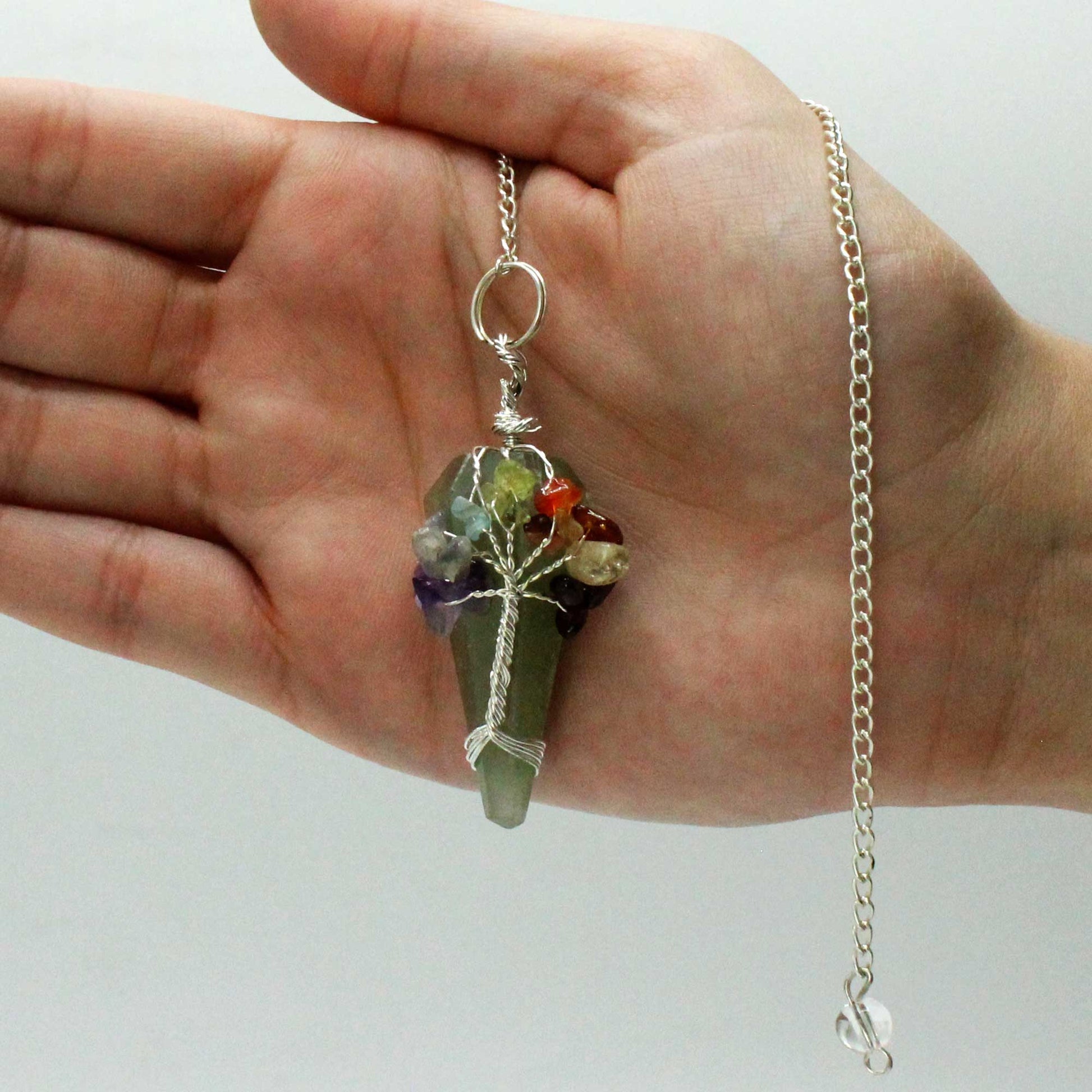 1 x Handmade Magic Radiesthesia Pendulum Seven Chakra - Green Aventurine Gemstone product packaging on clean background from Quintessential Holistic Health Ltd