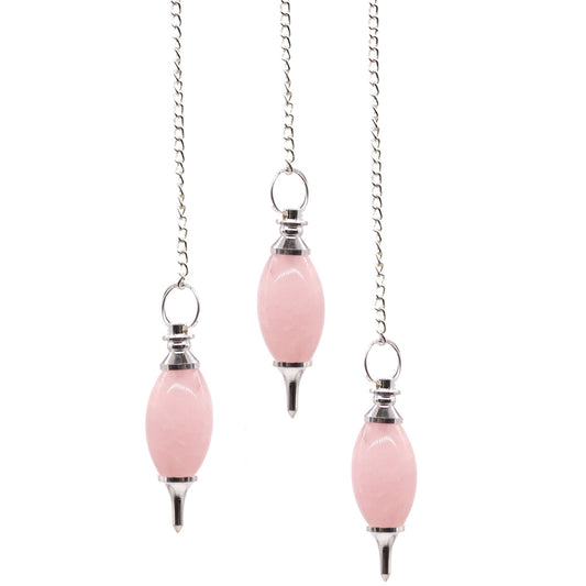 1 x Handmade Lingam Ovular Radiesthesia Pendulum - Rose Quartz Gemstone product packaging on clean background from Quintessential Holistic Health Ltd