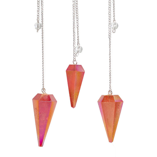 1 x Handmade Six Sided Radiesthesia Pendulum - Peach Aurora Crystal product packaging on clean background from Quintessential Holistic Health Ltd