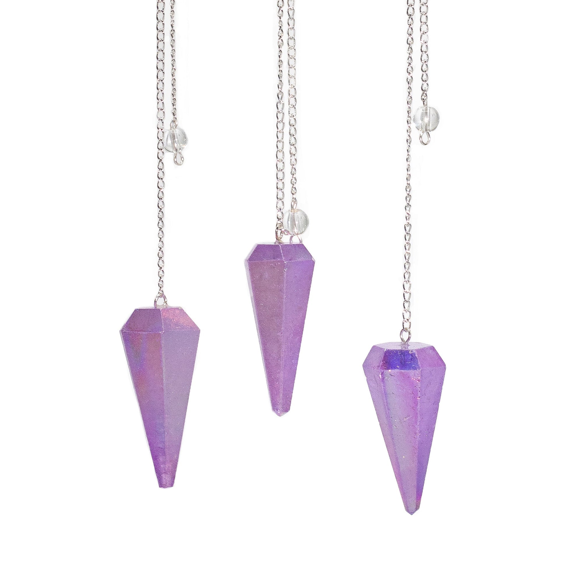 1 x Handmade Six Sided Radiesthesia Pendulum - Purple Aurora Crystal product packaging on clean background from Quintessential Holistic Health Ltd