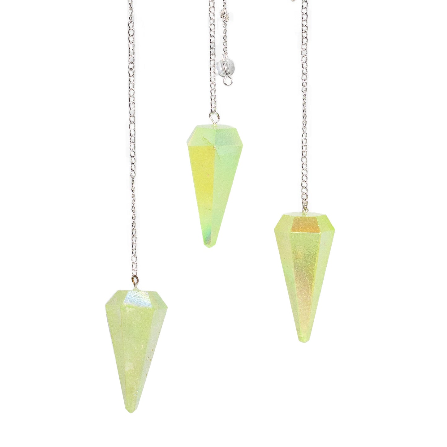 1 x Handmade Six Sided Radiesthesia Pendulum - Pale Green Aurora Crystal product packaging on clean background from Quintessential Holistic Health Ltd