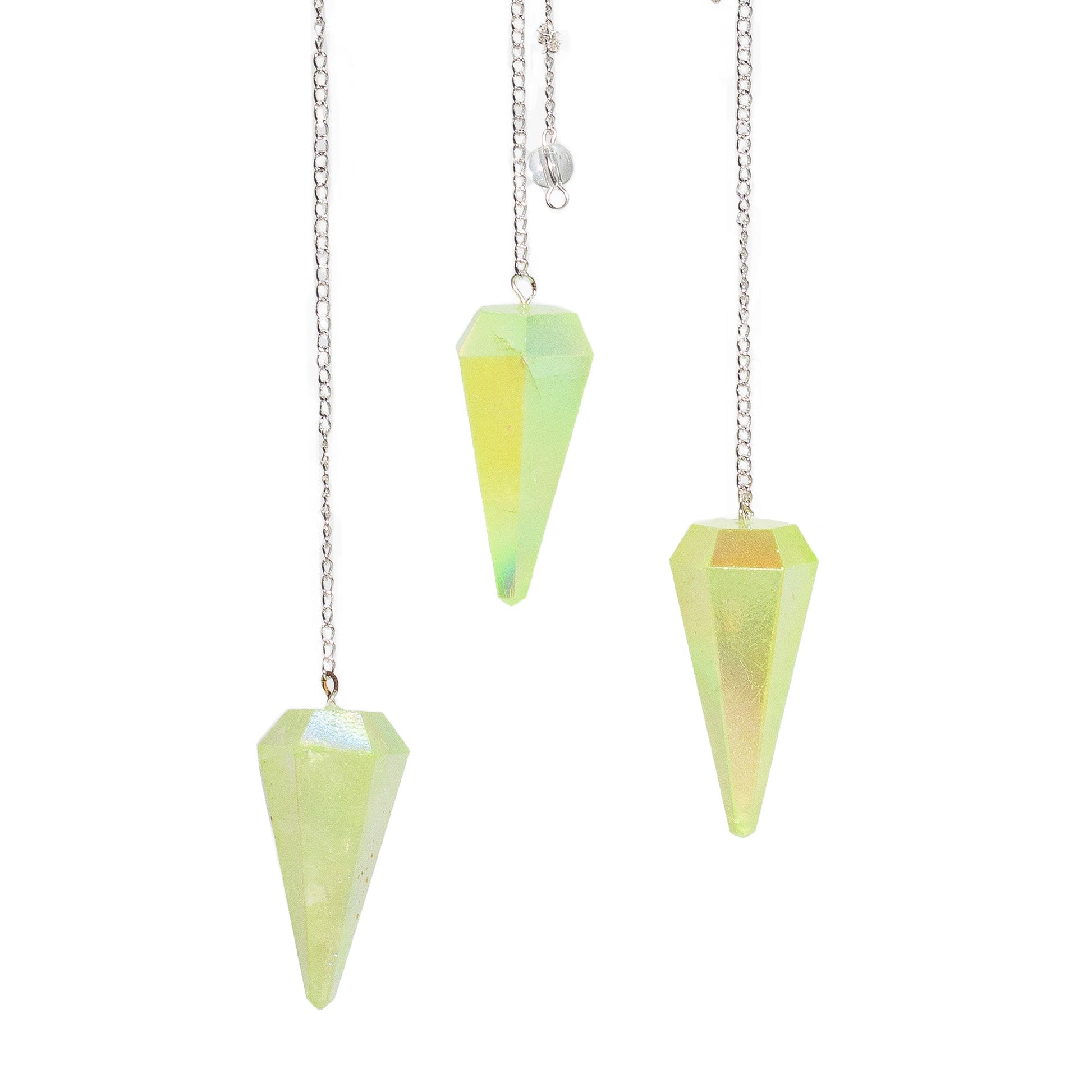 1 x Handmade Six Sided Radiesthesia Pendulum - Pale Green Aurora Crystal product packaging on clean background from Quintessential Holistic Health Ltd