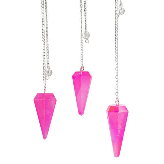 1 x Handmade Six Sided Radiesthesia Pendulum - Pink Aurora Crystal product packaging on clean background from Quintessential Holistic Health Ltd