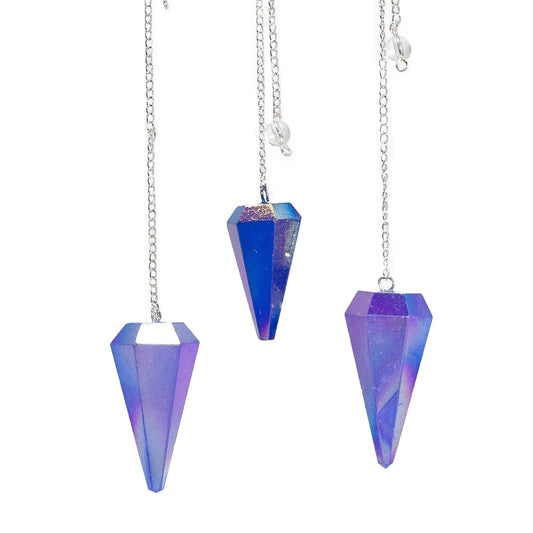 1 x Handmade Six Sided Radiesthesia Pendulum - Blue Aurora Crystal product packaging on clean background from Quintessential Holistic Health Ltd