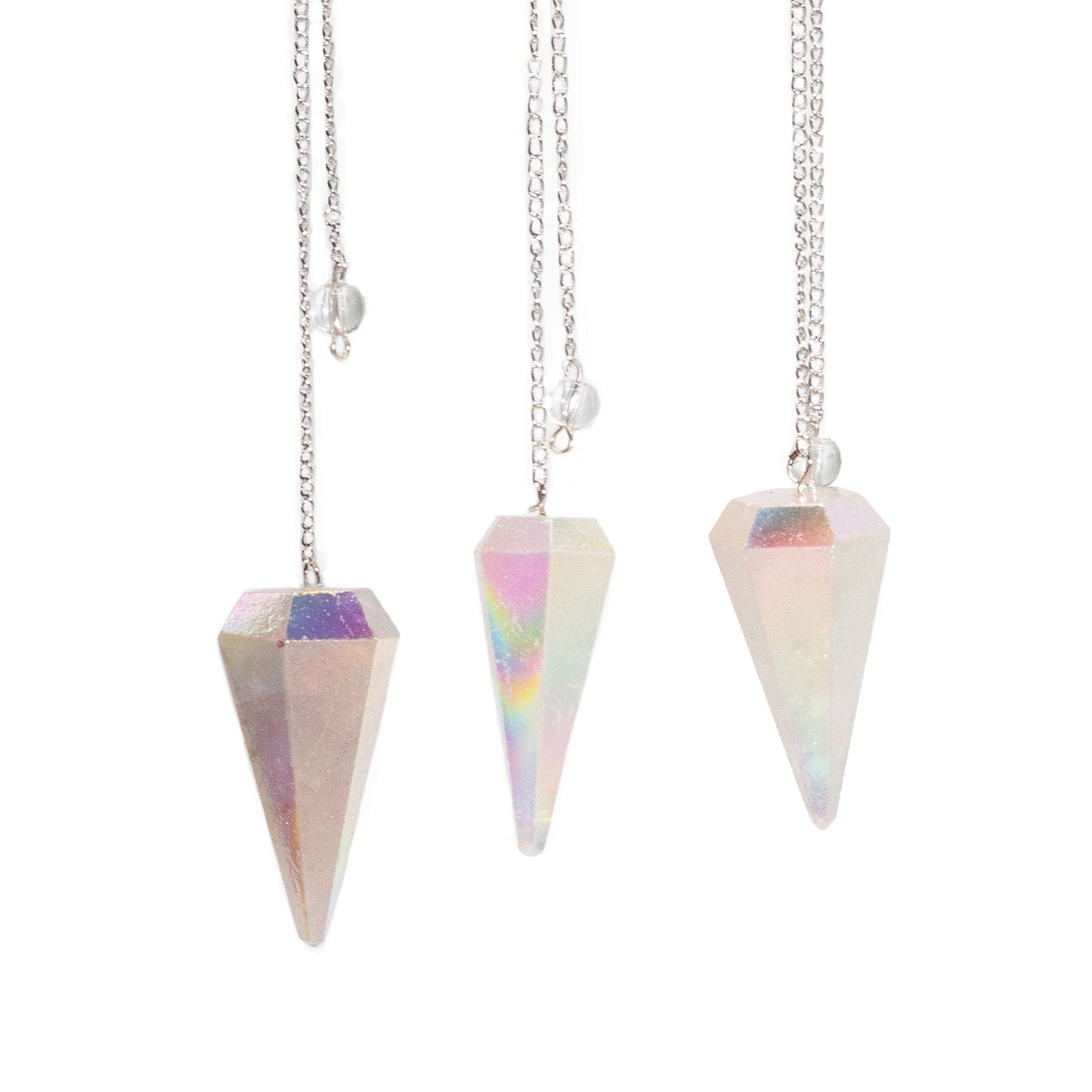 1 x Handmade Six Sided Radiesthesia Pendulum - Angel White Aurora Crystal product packaging on clean background from Quintessential Holistic Health Ltd