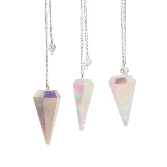 1 x Handmade Six Sided Radiesthesia Pendulum - Angel White Aurora Crystal product packaging on clean background from Quintessential Holistic Health Ltd