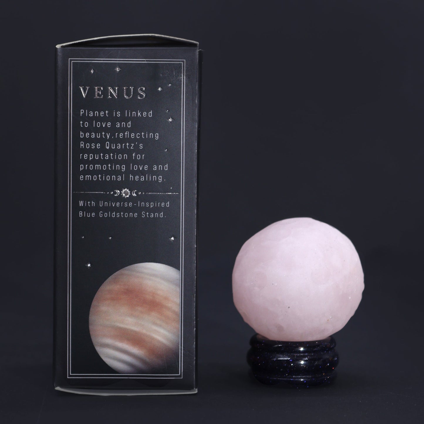 Rose Quartz Gemstone Planet and Goldstone Stand - Venus product packaging on clean background from Quintessential Holistic Health Ltd